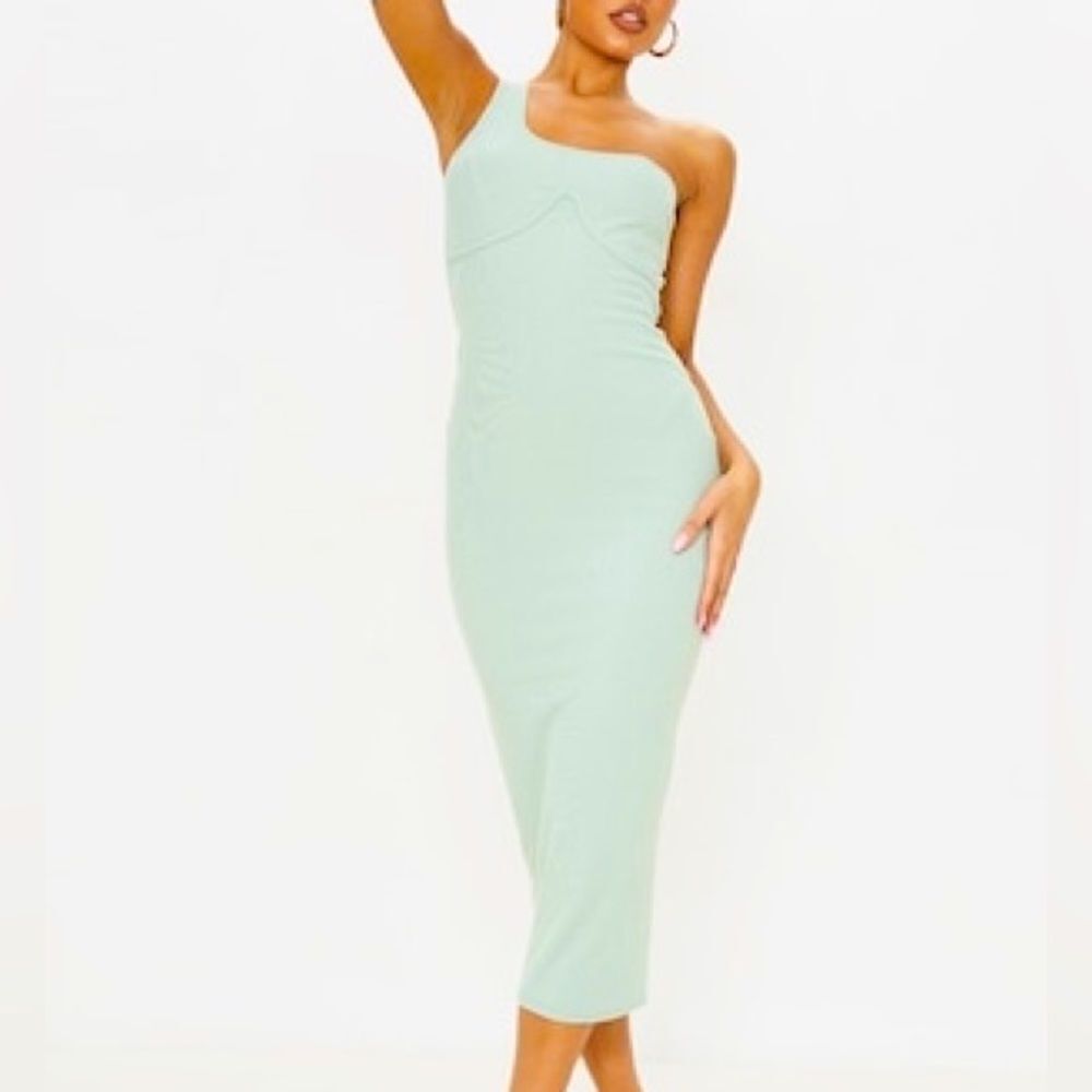 Pretty Little Things Bodycon Sage Green Ribbed One Shoulder Midi Dress Size: 6